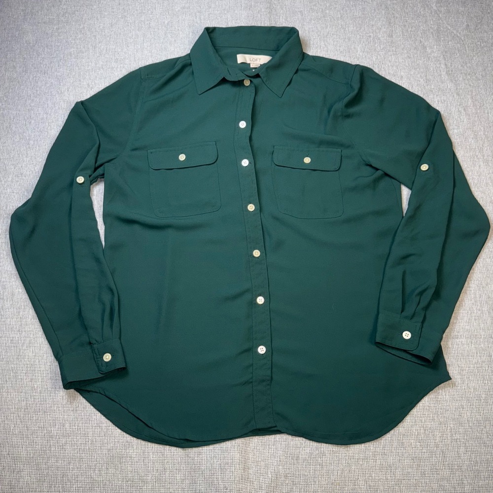 Ann Taylor Loft Dark Green Utility Blouse Roll Tab Sleeve Button Down Shirt M